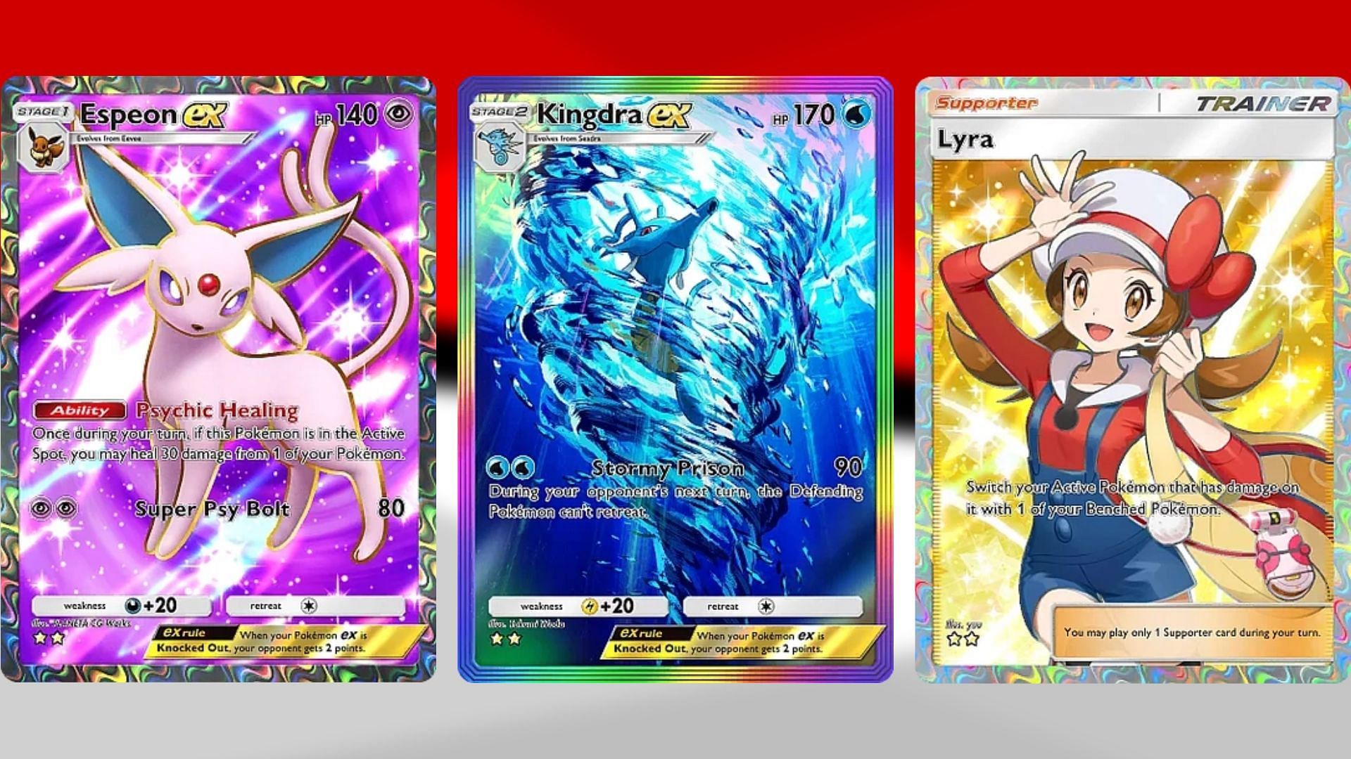 Espeon ex, Kingdra ex, and Lyra in Wisdom of Sea and Sky (Image via TPC)